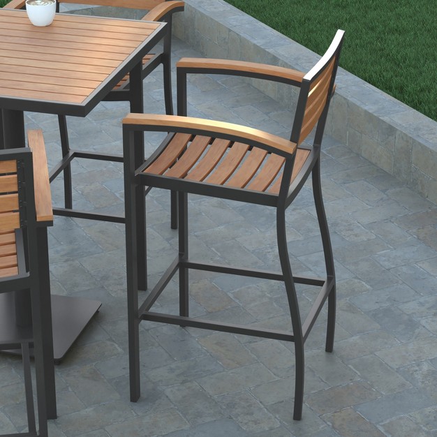 Emma And Oliver All weather Bar Height Dining Stool With Armrests Polyresin Slats And Aluminum Frame