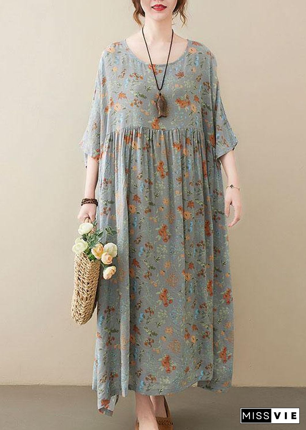 Elegant Grey O-Neck Patchwork Print Half Sleeve Summer Long Dress