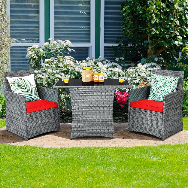 Costway 3pcs Patio Rattan Furniture Set Cushioned Sofa Armrest Garden White red navy turquoise