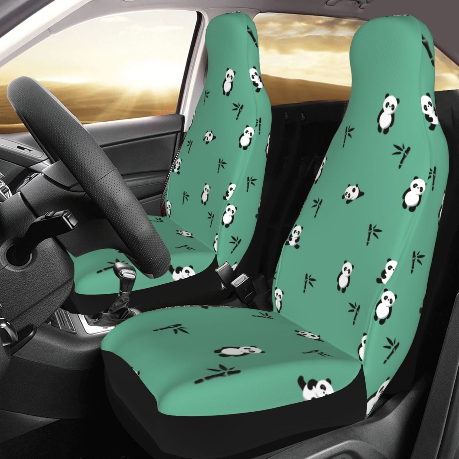 TEQUAN Front Seat Covers， Cute Pandas Green Pattern 2 Piece Car Seat Cover Fit Most Car SUV Truck Van