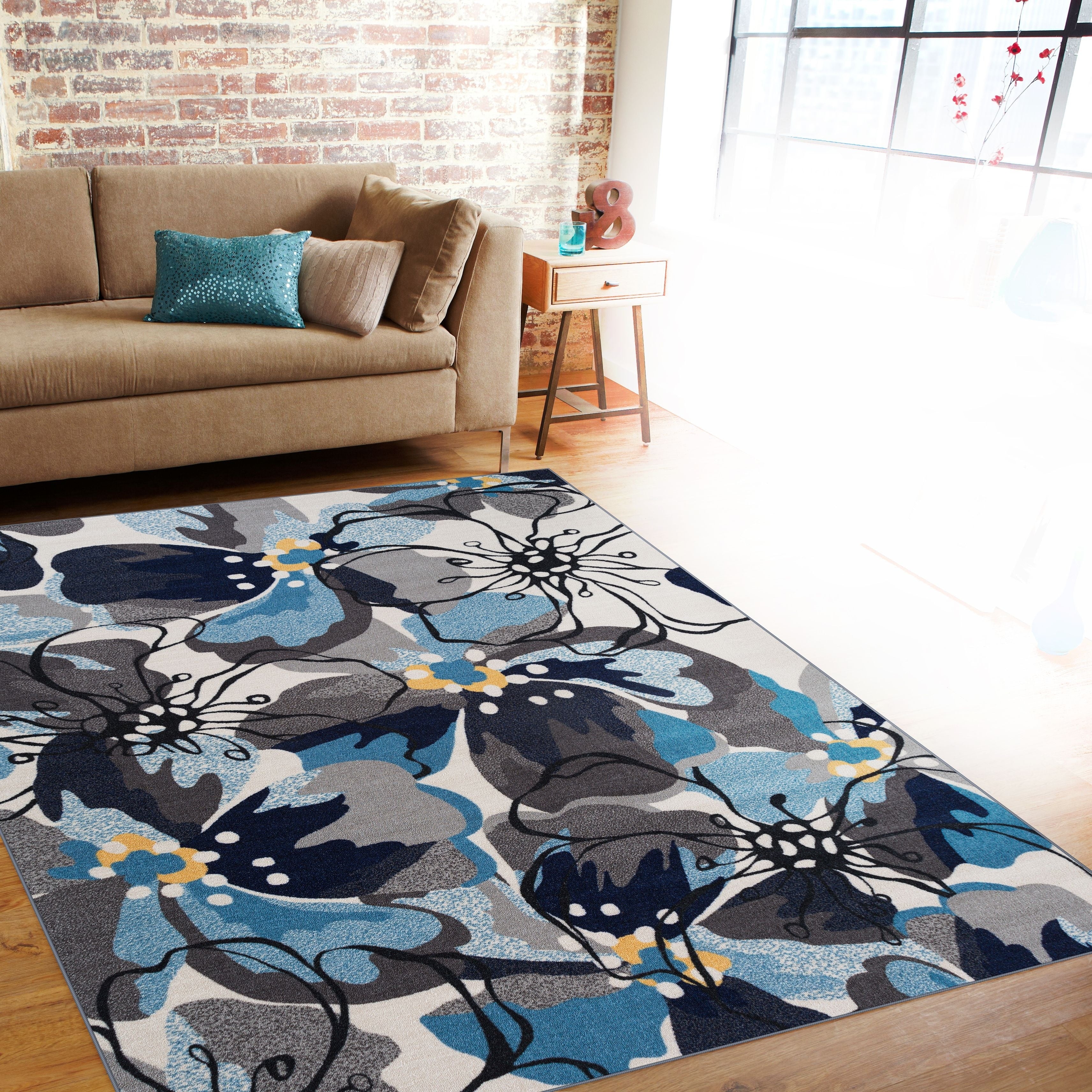 World Rug Gallery Gray/Blue Nylon Modern Large Floral Non-Slip Non-Skid Area Rug Or Runner