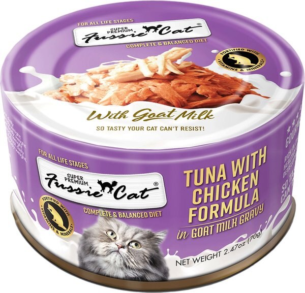 Fussie Cat Tuna with Chicken in Goats Milk Wet Cat Food， 2.47-oz can， case of 24