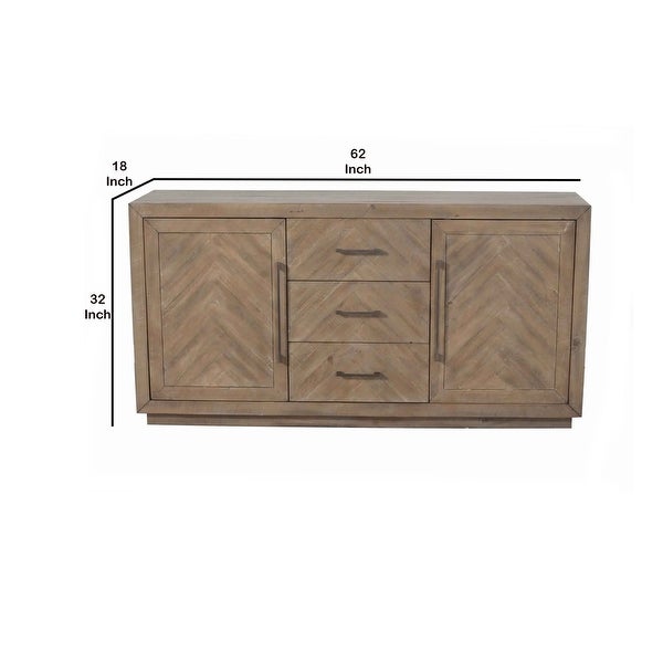 3 Drawer Herringbone Front Wooden Server with 2 Doors， Brown