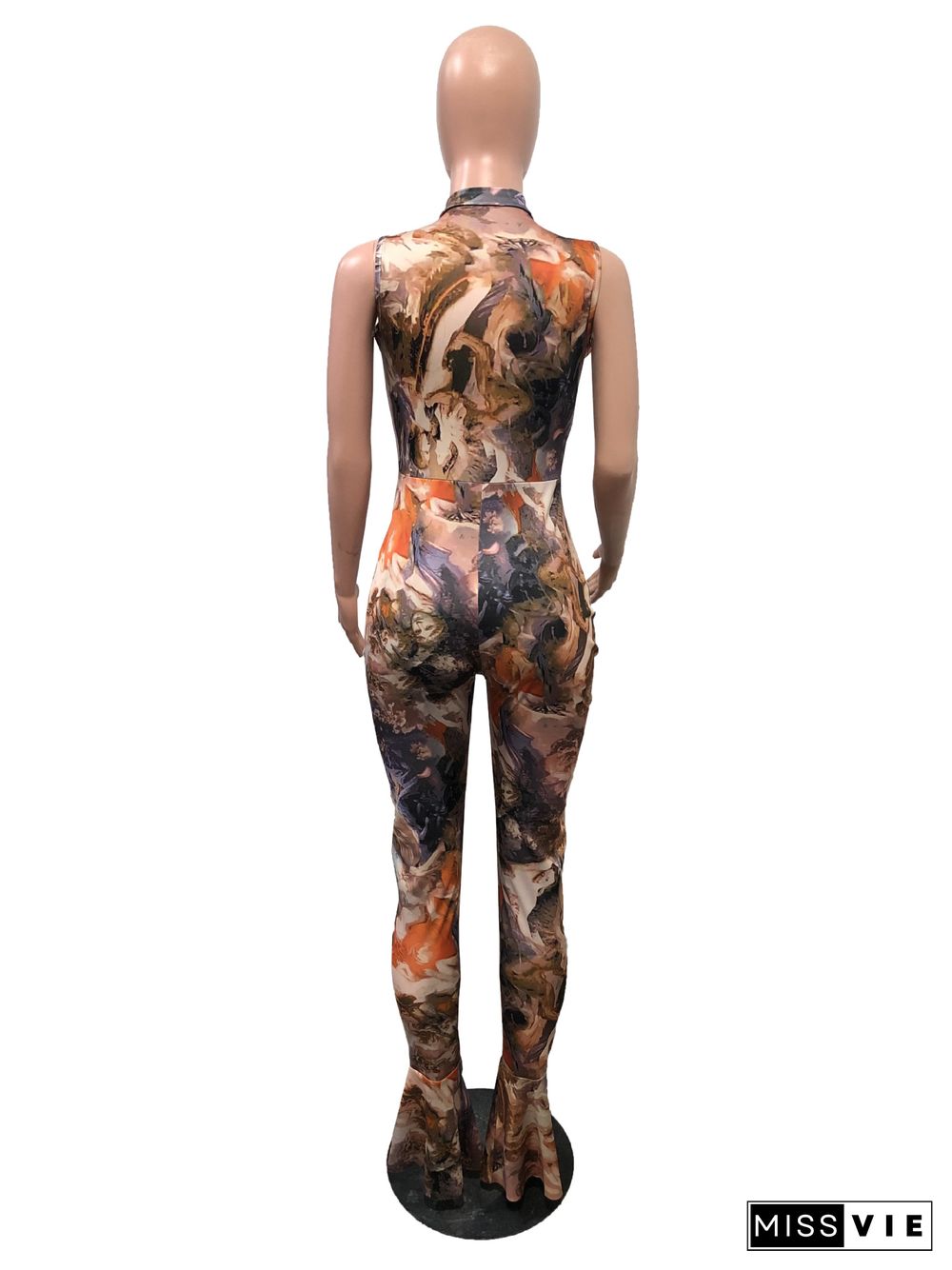 Sexy Printed Front Zip Sleeveless Jumpsuit