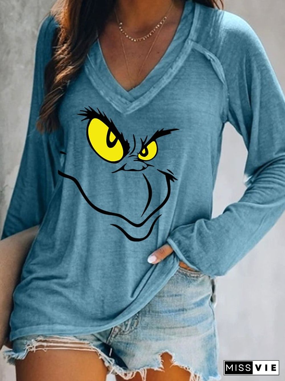 Women's Christmas Cartoon Character Casual V-Neck Long-Sleeve T-Shirt