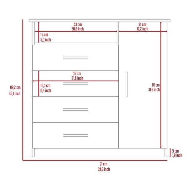 Simplicity 4-Drawer 1-Shelf 1-Cabinet Dresser， Modern Storage Cabinet， Superior Top， Storage Dressers Organizer for Living Room - - 37828165