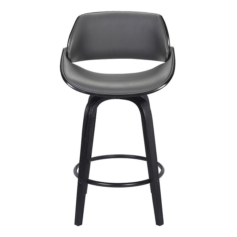 26 Inch Leatherette and Wooden Swivel Barstool， Black and Gray