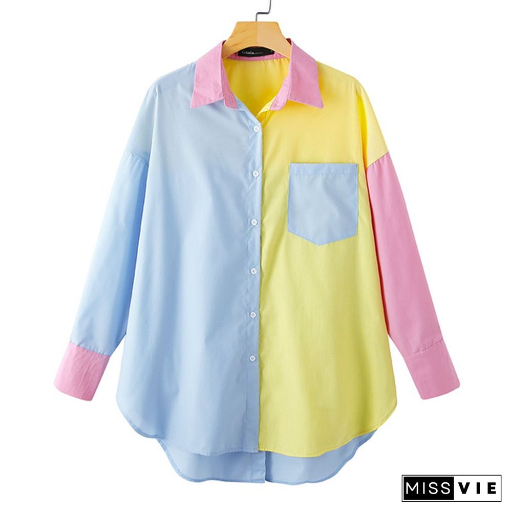 Plus Size Laides Summer Patchwork Lapel Collar Long Sleeve Blouse Casual Elegant Loose Party Tops Shirt S-5XL Chemise