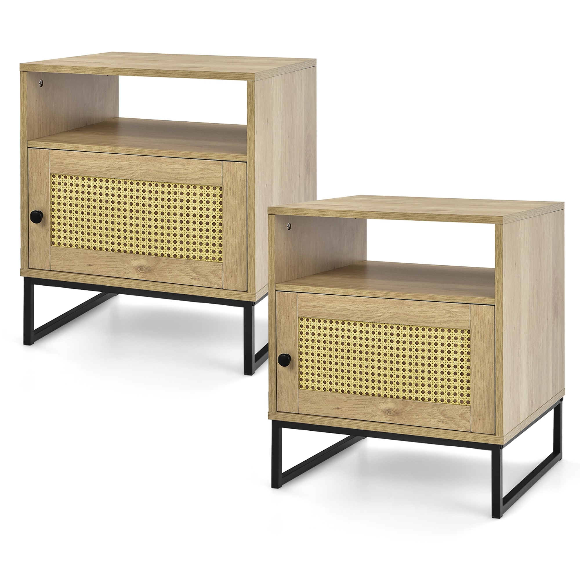 2 PCS Rattan End Table Sofa Side Table Nightstand with Cabinet Shelf