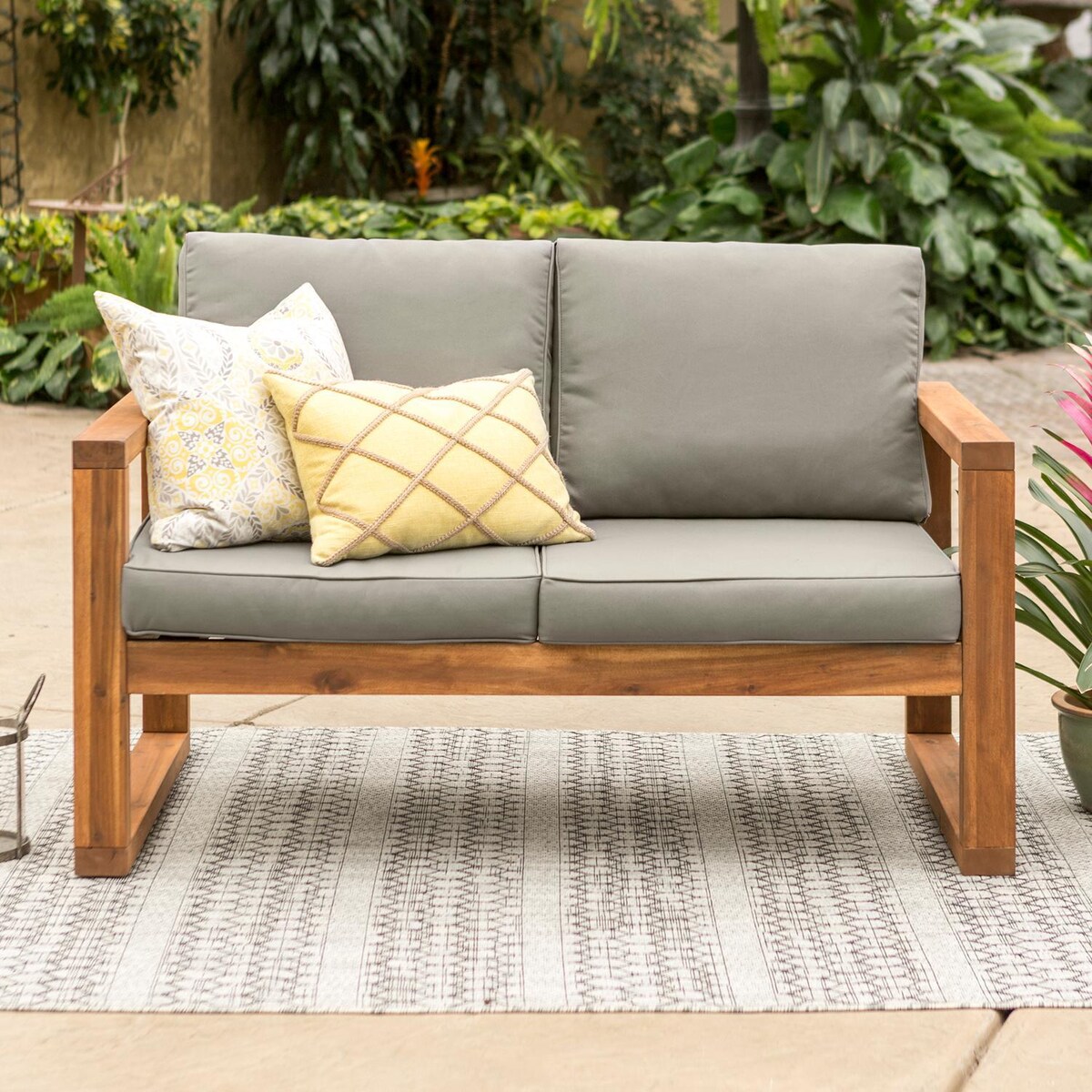 Ultimate Patio Window Bay Acacia Patio Loveseat W/ Gray Cushions