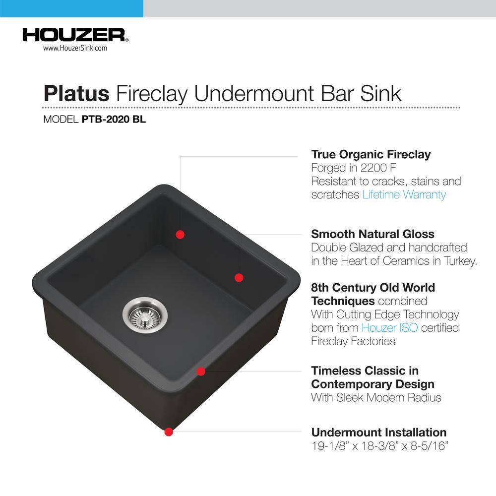 HOUZER Platus Fireclay 19 in. Square Undermount Bar Sink in Black PTB-2020 BL