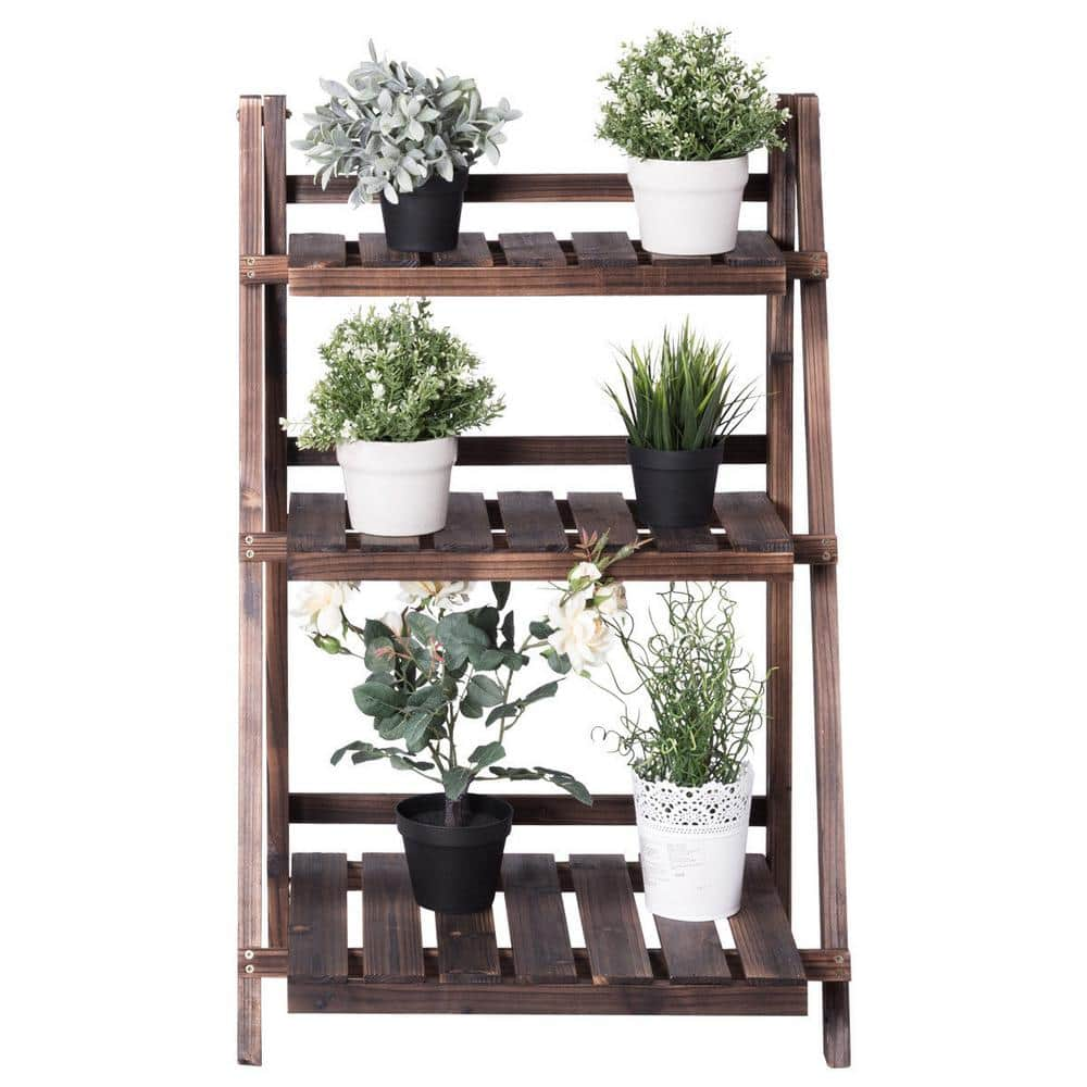 Costway 24 in. x 15 in. L x 37 in. Ladder Indoor Outdoor Brown Wood Plant Stand (3-Tiers) GT3211