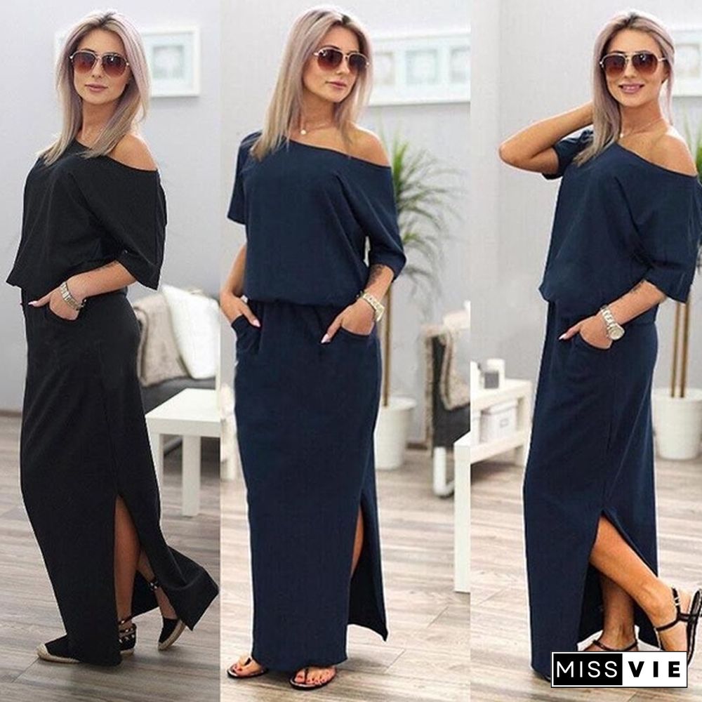 Sexy Women Boho Maxi Dress Short Sleeve Side Slit Loose Evening Party Long Beach Dress