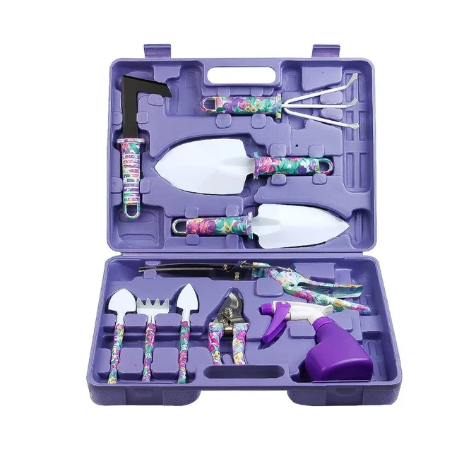 10Pcs Garden Tools Set Mini with Purple Floral Print for Planting Weeding  Garden Hand Tools with Carrying Case