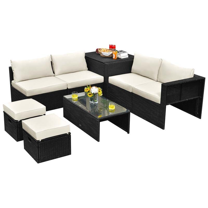 8 Pcs Rattan Wicker Outdoor Patio Furniture Sectional Sofa Set with Storage Box & Waterproof Cover