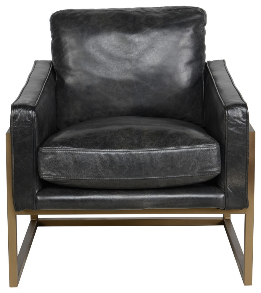 30 Inch Classic Club Chair Top Grain Black Leather Upholstery Brass Frame   Contemporary   Armchairs And Accent Chairs   by VirVentures  Houzz