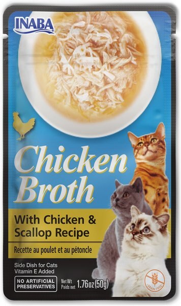 Inaba Chicken Broth Chicken and Scallop Recipe Grain-Free Cat Food Topper， 1.76-oz pouch