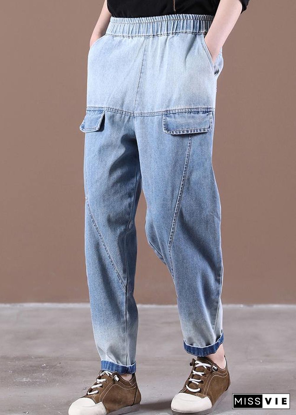 Modern Light Blue Trousers Thin Spring Pockets Sewing Casual Pants