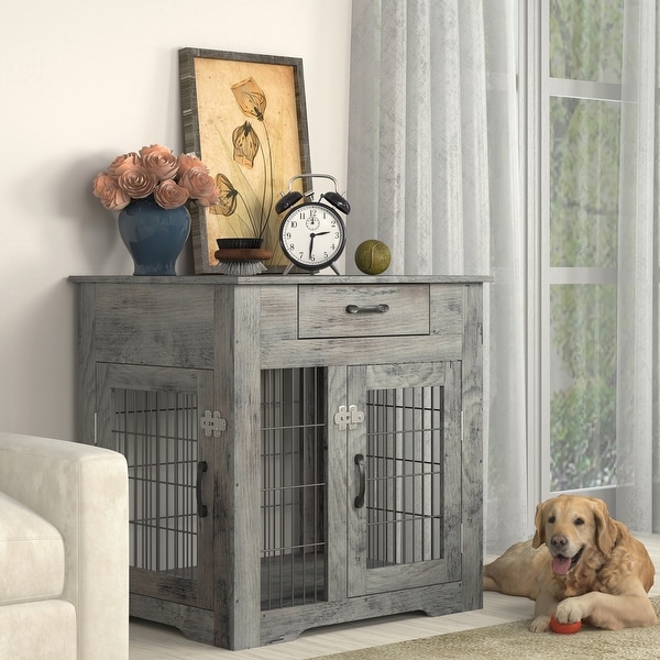 Mieres Double Door Wooden End Table Dog Crate with Double Doors， Indoor Pet Kennel Side Table with Storage Drawer