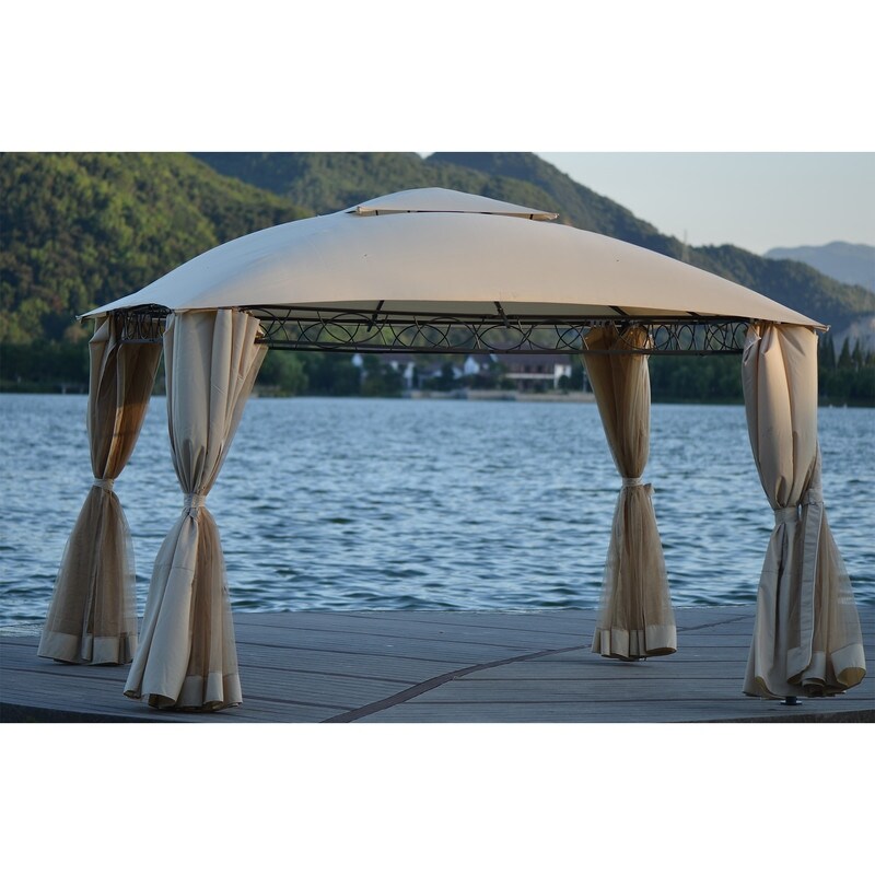 Outdoor Garden Patio Gazebo with 2 Tiered Canopy and Folding Curtains