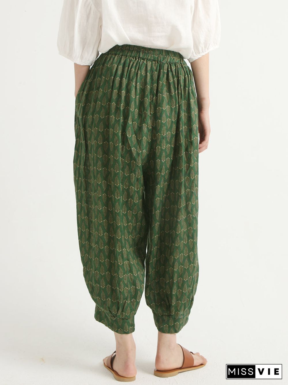 Linen Vintage Floral Women Loose Harem Pants