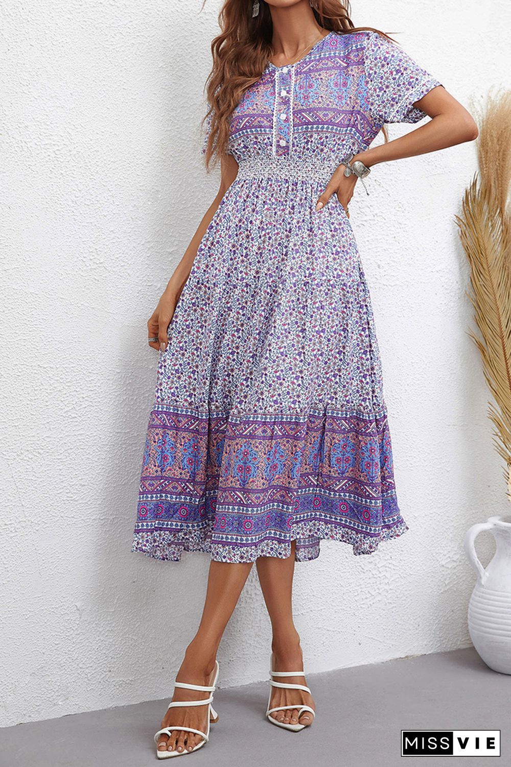 Bohemia Style Vintage Floral Print Midi Dress