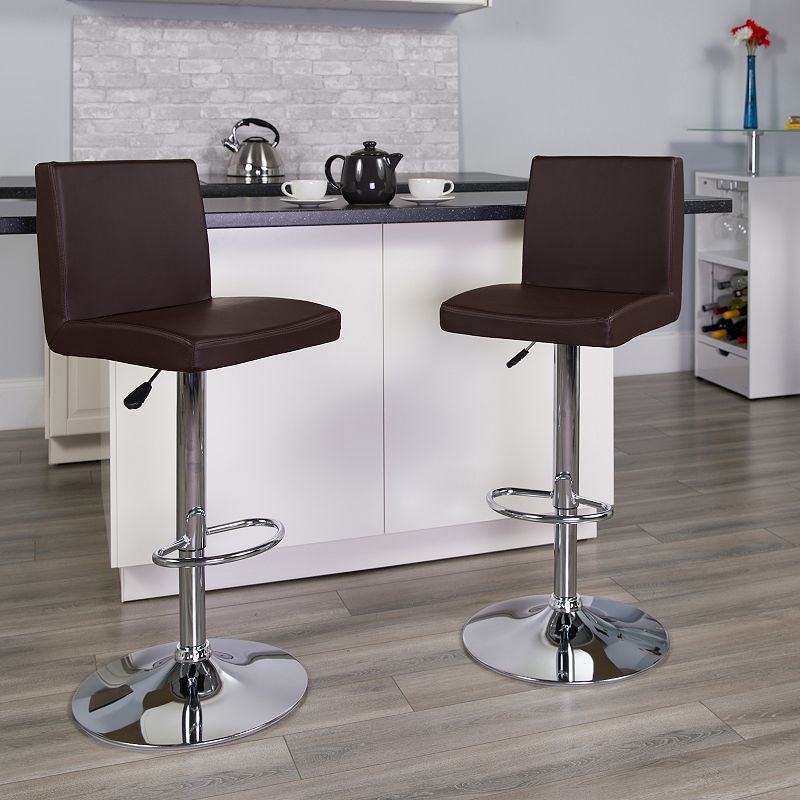 Emma and Oliver 2 Pack Contemporary Vinyl Adjustable Height Barstool with Panel Back and Chrome Base