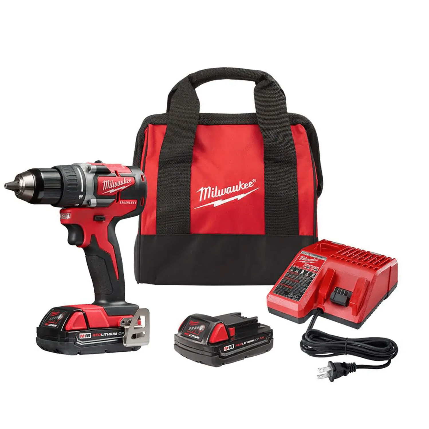 Milwaukee M18 18-Volt Lithium-Ion Brushless Cordless 1/2 in. Compact Drill/Driver Kit with (2) 2.0 Ah Batteries， Charger and Case (2801-22CT)