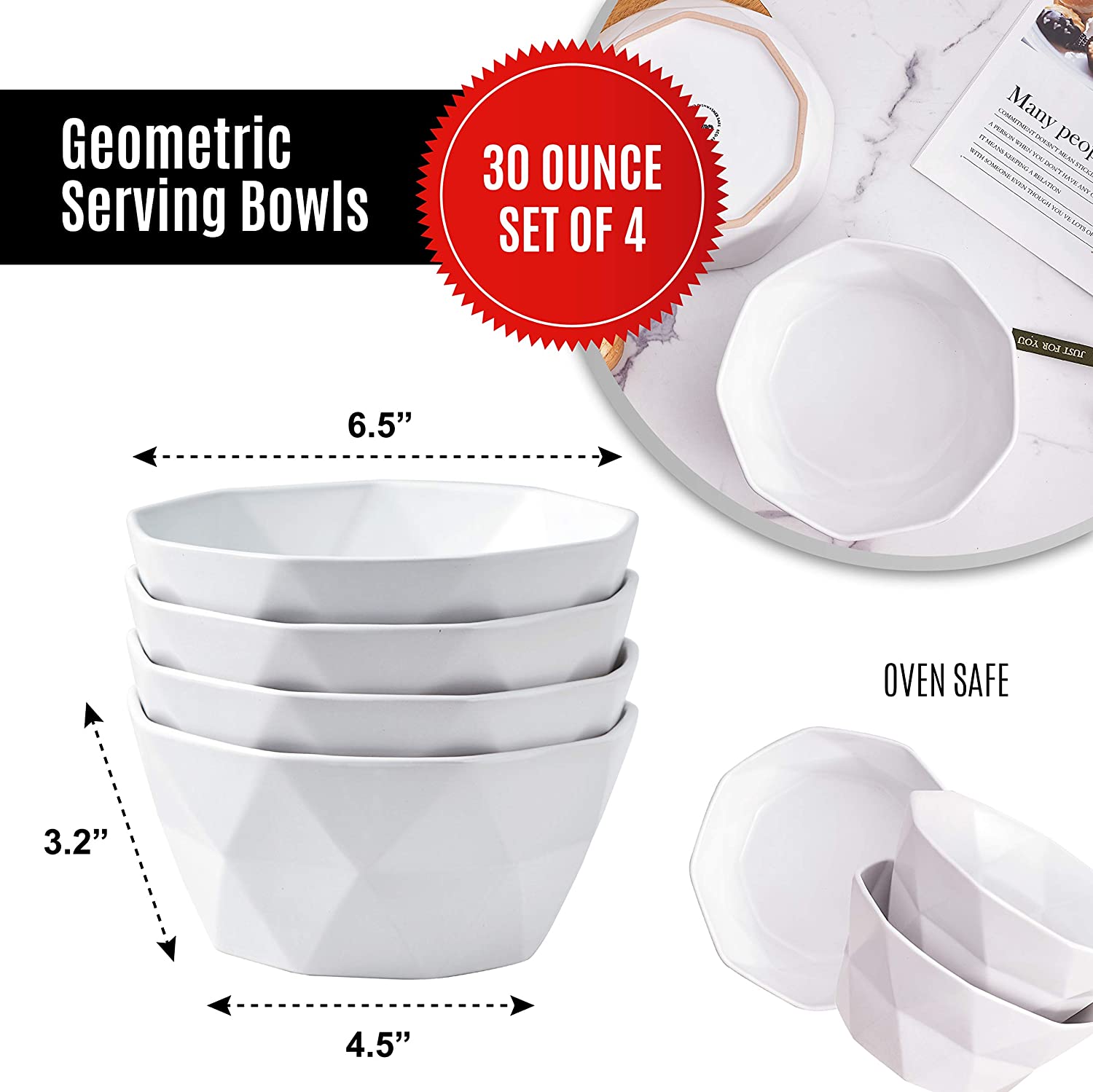 Bruntmor Geometric Matte 30 Oz Oven Safe Cereal Bowls Porcelain Large Serving Bowls for Soup， Cereal， Salads， Pasta， Set of 4 serving Bowls， White