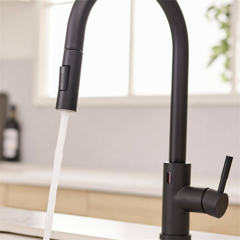 FLG Single Handle Touchless Gooseneck Pull Down Sprayer Kitchen Faucet Modern Smart 1 Hole Solid Brass Taps in Matte Black CC-0138-MB