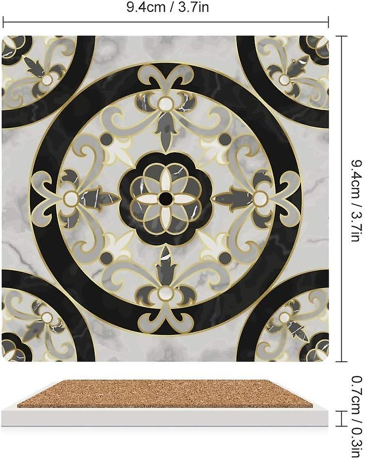 Printed Square Luxury Marble With Classic Floral Medallion Ceramic Coasters With Cork-backed Cup Mat Absorbent Stone Coaster Set Of 4/6