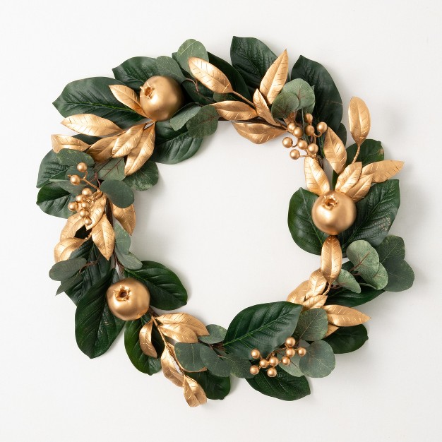 22 quot h Sullivans Gold Berry Leaf Wreath Green