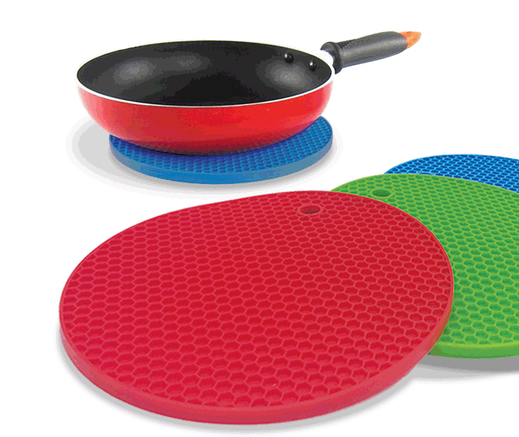 Better Kitchen Products， 3 Pack， Large Silicone Pot Holders， Hot Pads， Trivets， Blue， Lime Green and Red， 7