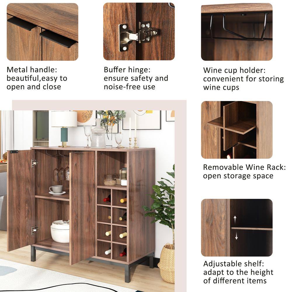 33.86 in. W x 14.17 in. D x 34.65 in. H Brown MDF Ready to Assemble Floor Kitchen Cabinet with Wine Racks mnjtrmrcxrzzs16