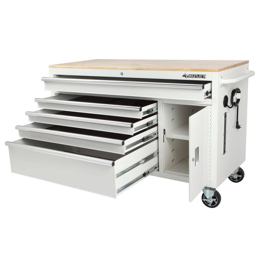 Husky 56 in. W x 25 in. D Standard Duty 5-Drawer 1-Door Mobile Workbench Cabinet with Solid Wood Top in Gloss White H56MWC5GWXD