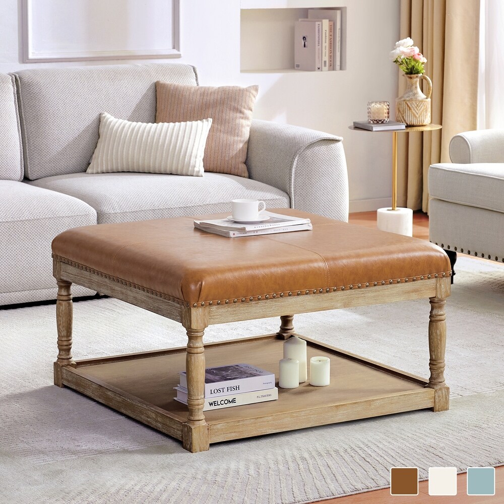 Tufted Textile Shelved Ottoman Table Brown/ Beige/ Light Blue