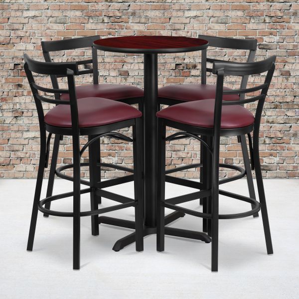 Carlton 24'' Round Mahogany Laminate Table Set with X-Base and 4 Two-Slat Ladder Back Metal Barstools - Burgundy Vinyl Seat