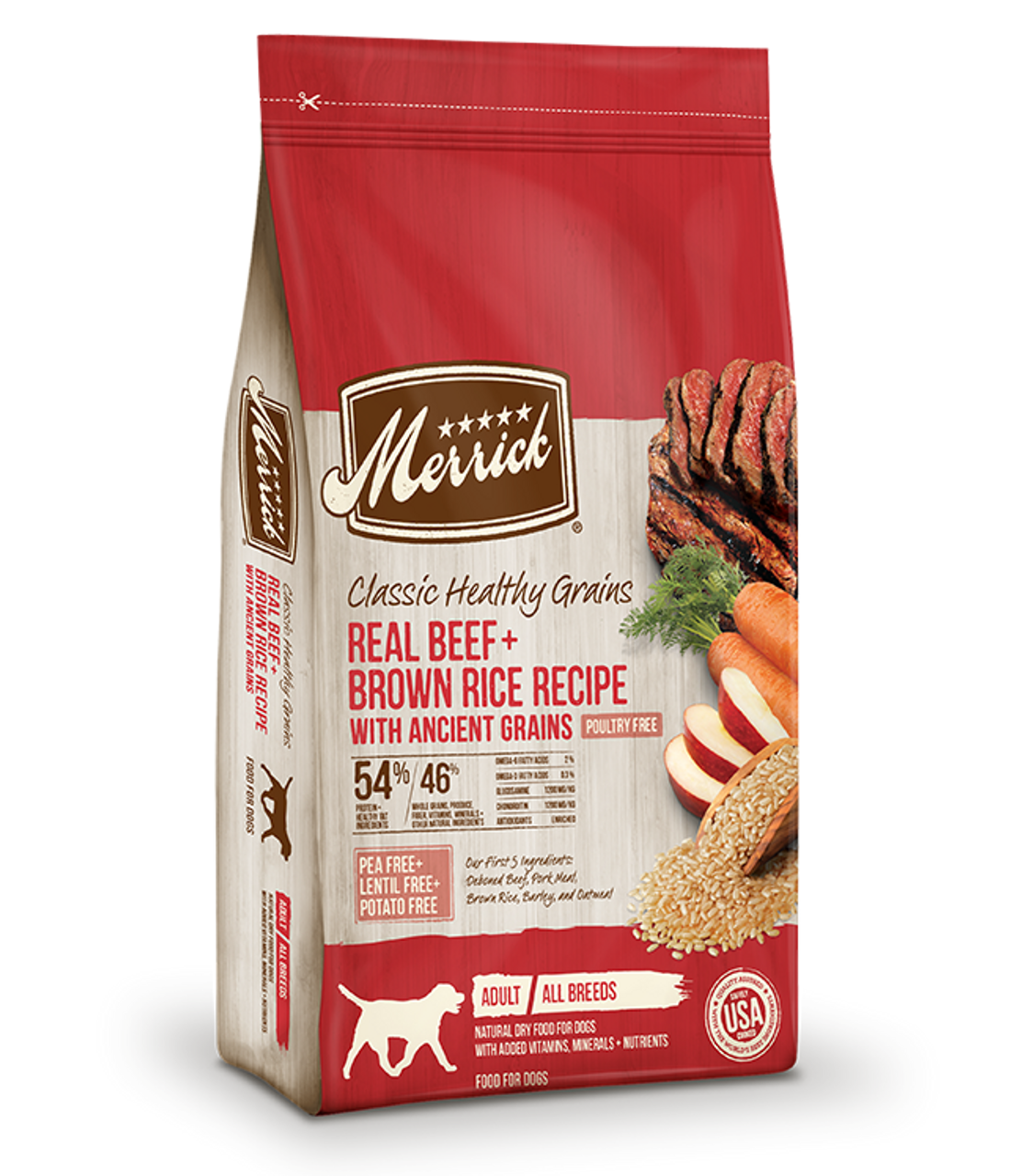 Merrick Classic Healthy Grains Real Beef + Brown Rice Recipe With Ancient Grains Dry Dog Food， 12 Lbs.