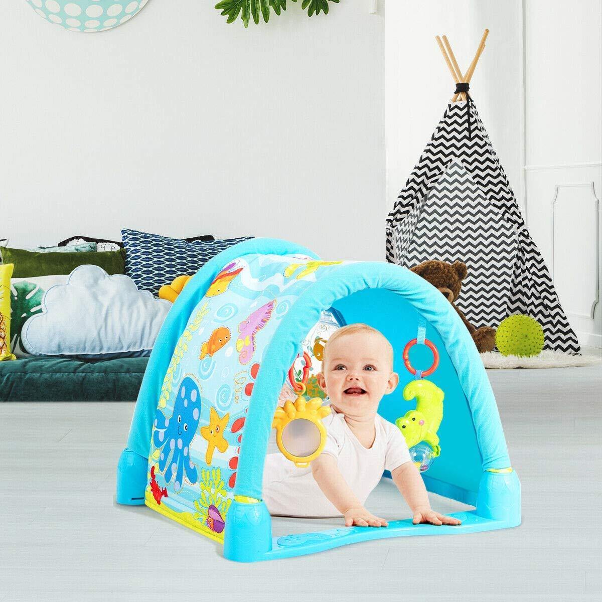 BABY JOY 4-in-1 Baby Play Gym Mat, Underwater World Baby Explore Crawling Tunnel with Steady Frame and 3 Hanging Toys