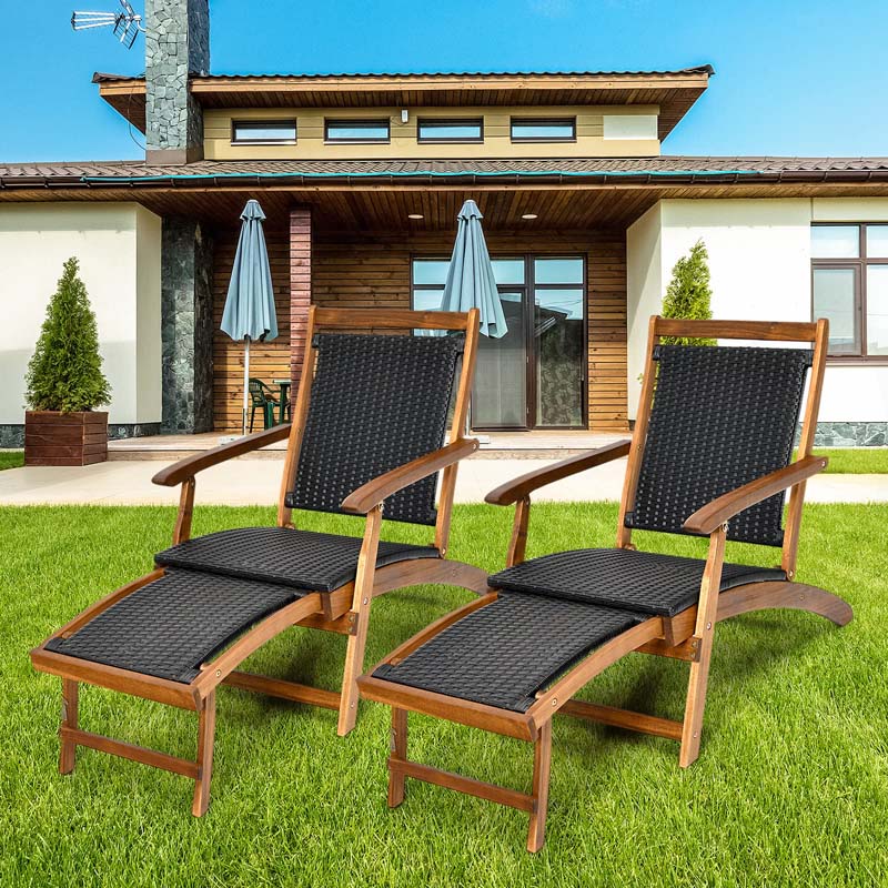 2 Pcs Acacia Wood Folding Chaise Lounge Chair Outdoor Foldable Deck Chair, Portable Wicker Lounger with Retractable Footrest