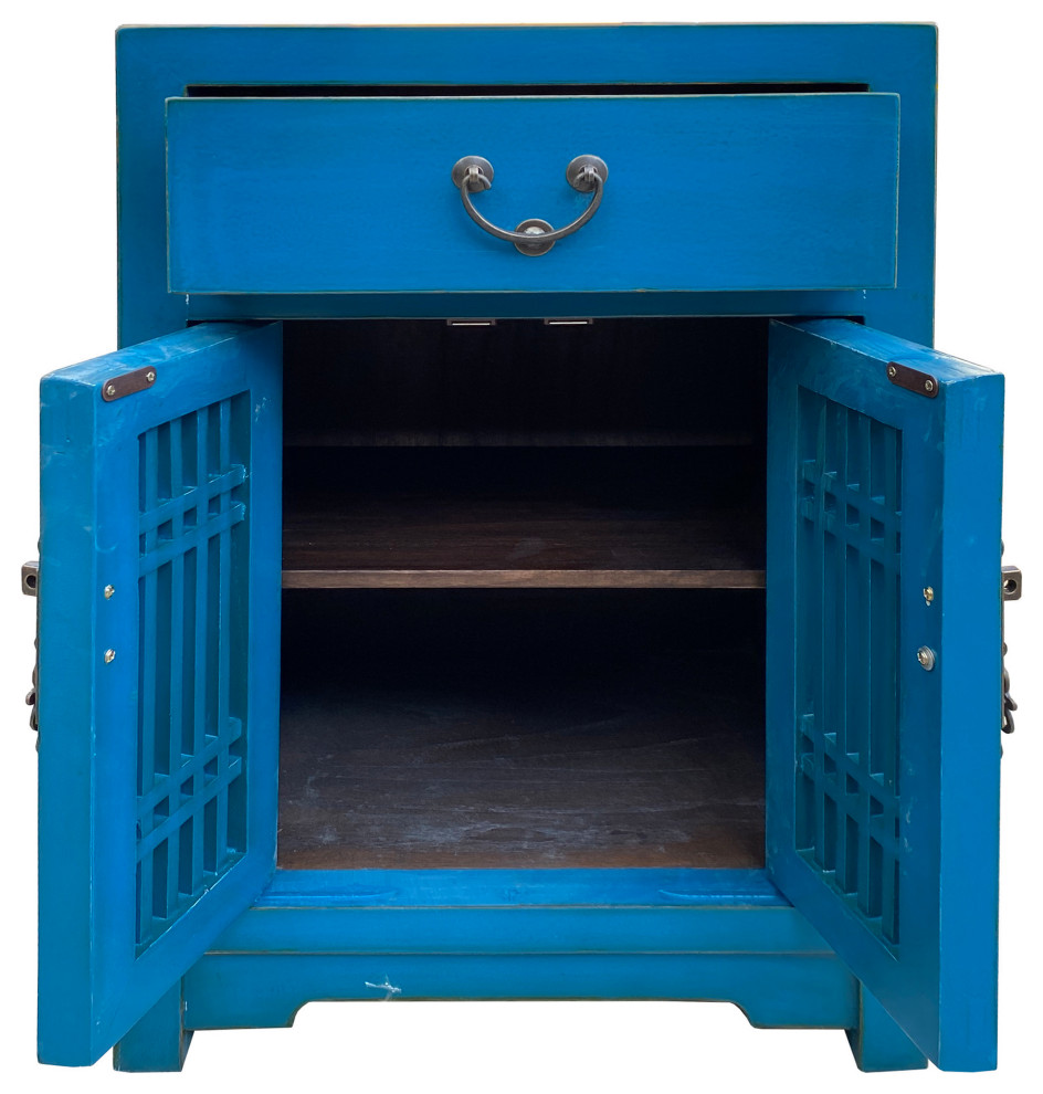 Distressed Bright Bice Blue Shutter Doors End Table Nightstand Hcs7495   Asian   Side Tables And End Tables   by Golden Lotus Antiques  Houzz