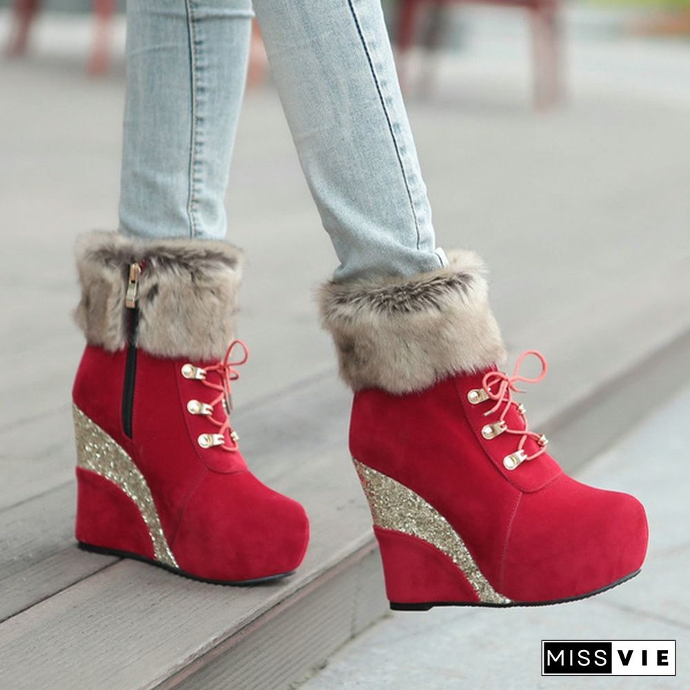 New Sexy Winter Boots Wedges Shoes Ankle Boots Women Warm Boots Lace Up Platform High Heels Snow Boots Shoes Woman