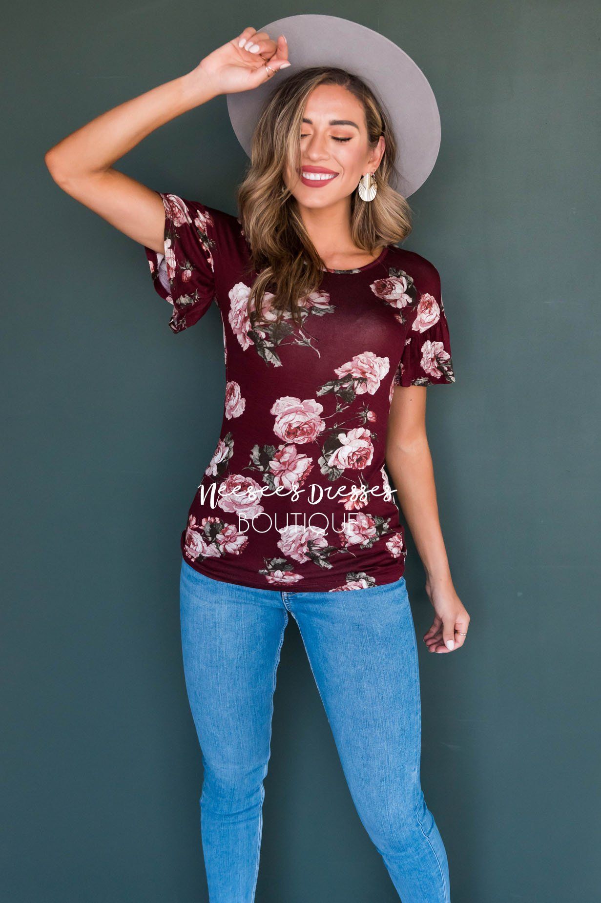 Burgundy Floral Modest Ruffle Sleeve Top