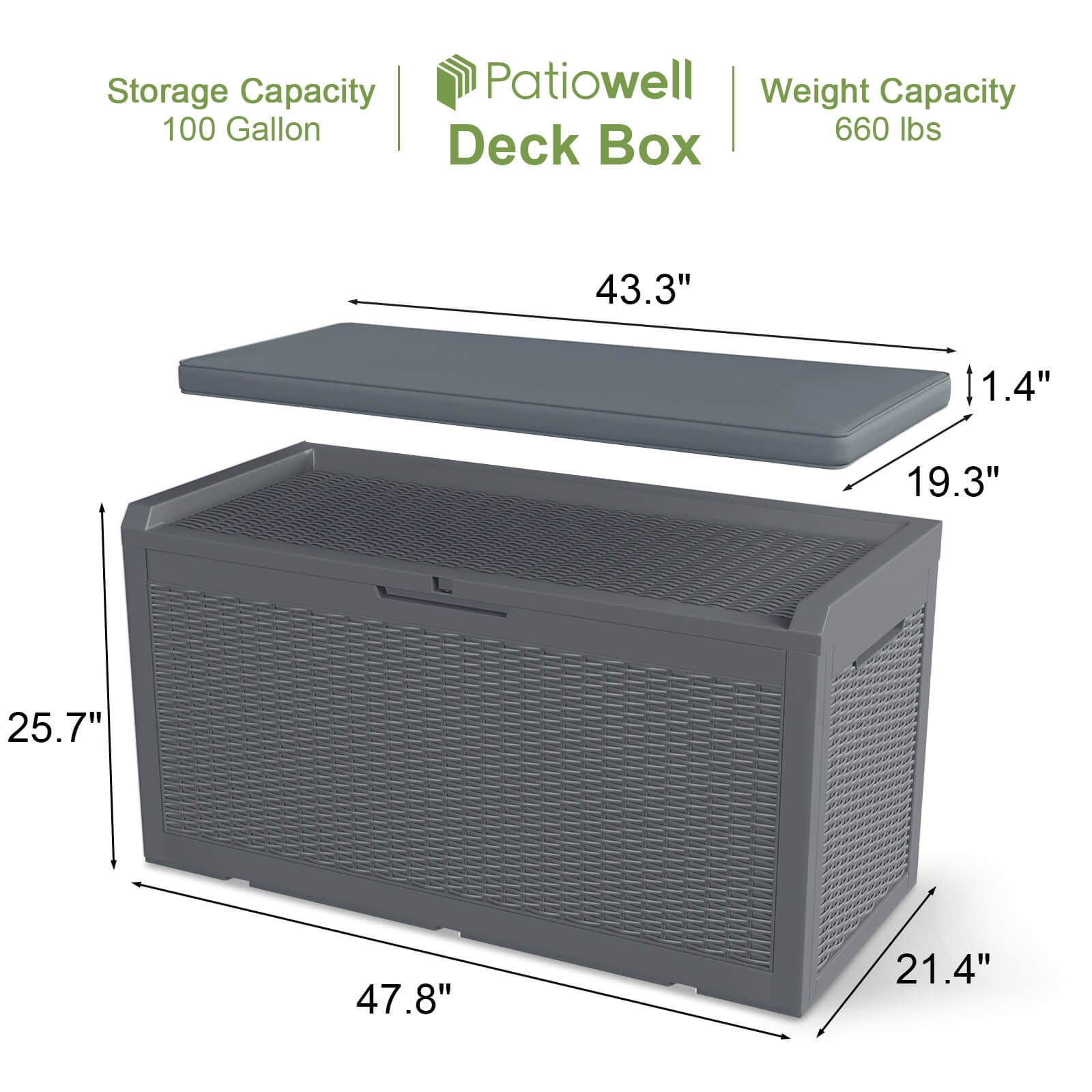 Patiowell 100 Gallon Deck Box with Soft Cushion Outdoor Resin Plastic Storage Deck Box, Gray