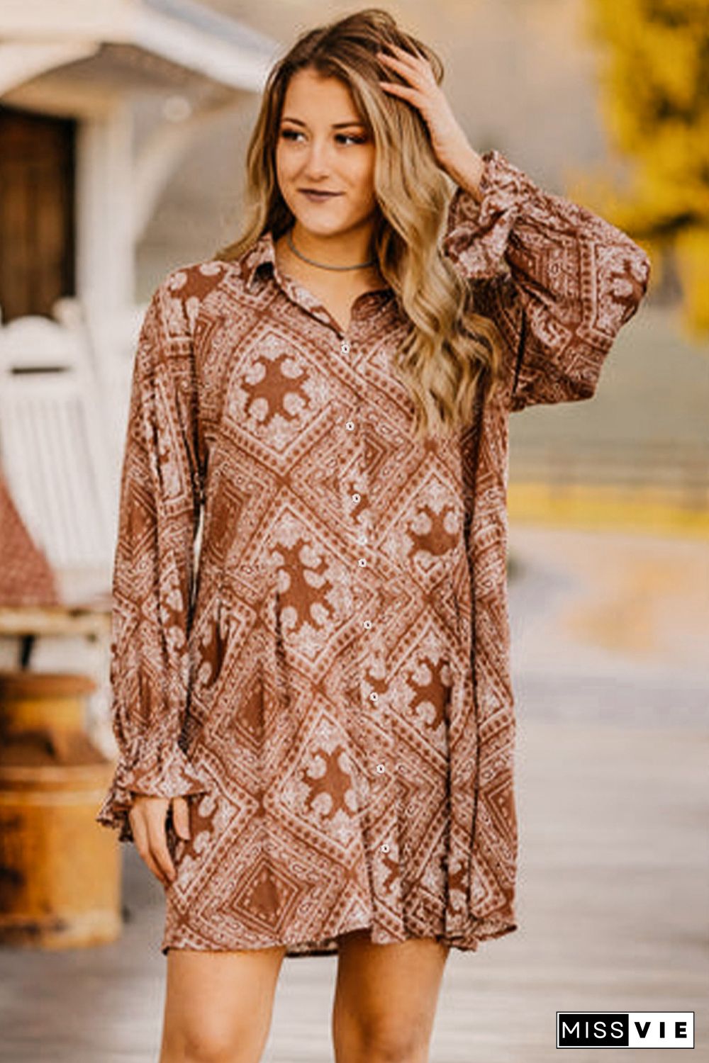 Vintage Paisley Geometric Print Shirt Short Dress