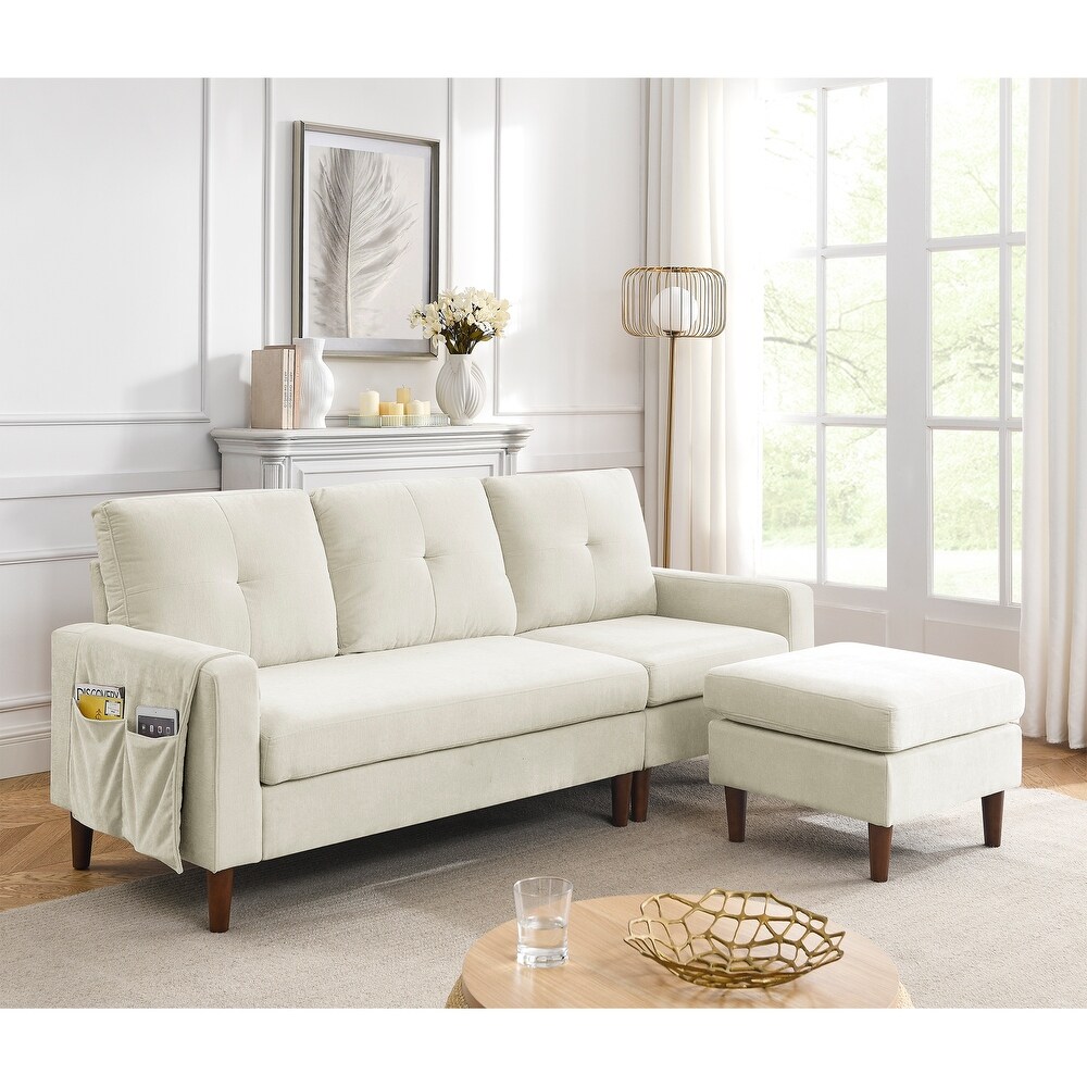 Chenille Convertible Sectional L shape Sofa Couch  3 Seats Sofa with Removable Cushions and Pocket  Rubber Wood Legs