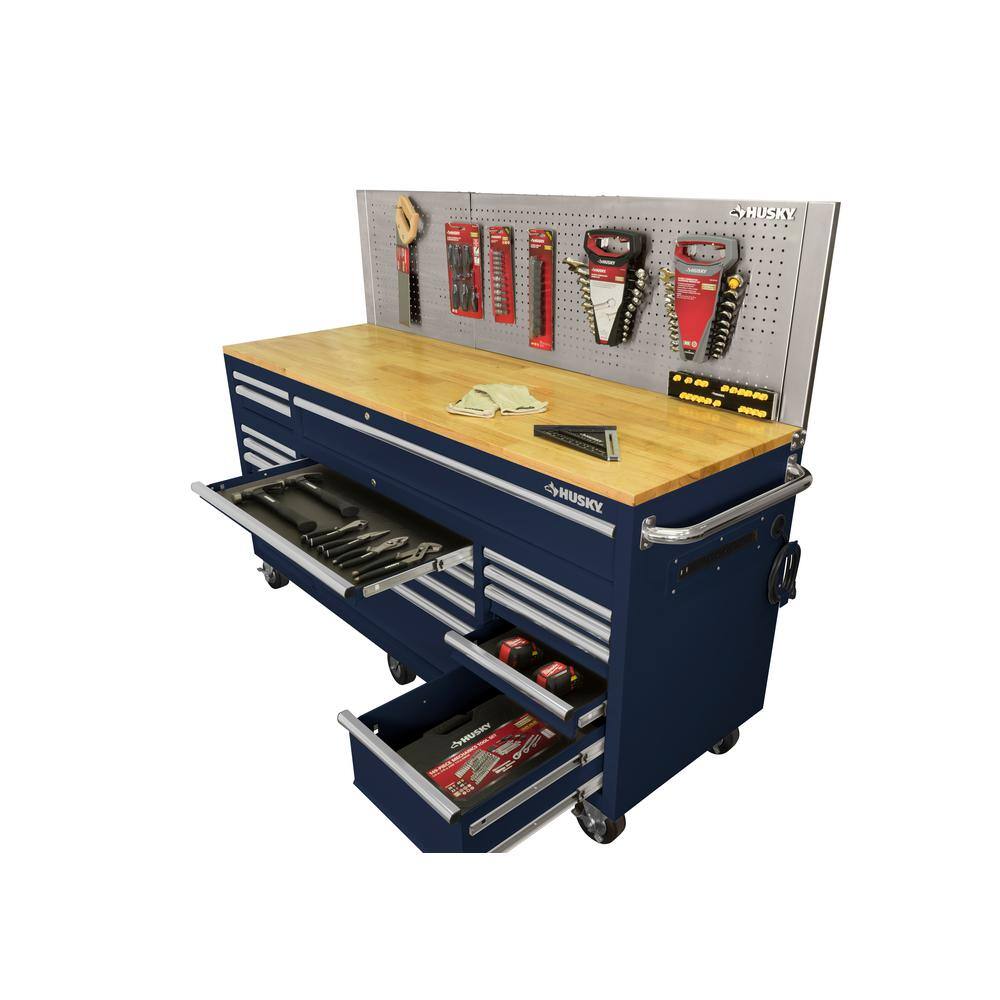 Husky 72 in. W x 24 in. D 18-Drawer Standard Duty Mobile Workbench Tool Chest with Solid Wood Top and Pegboard in Gloss Blue HOTC7218B32M