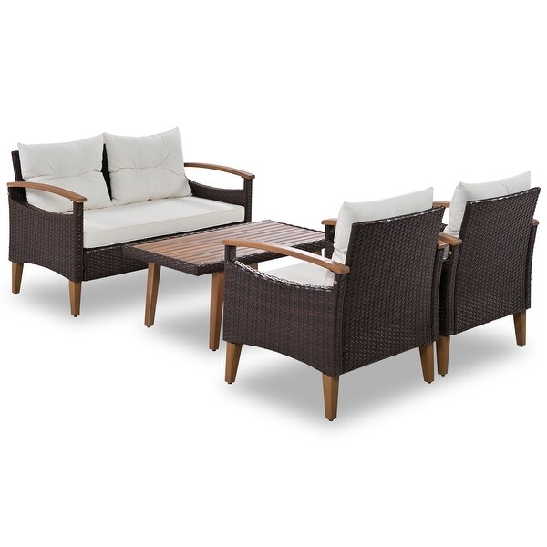 4-Piece Garden Furniture， Patio Conversation Sets， PE Rattan Outdoor Sofa Seating Set with Wood Table and Adjustable Legs Design - Overstock - 37503676