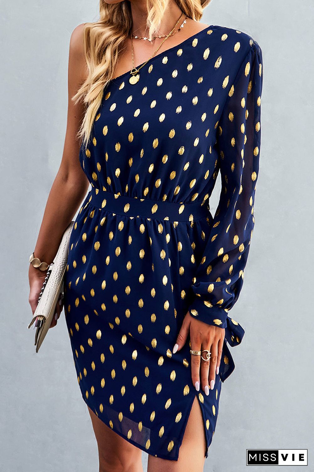 Foil Spot Print One Shoulder Long Sleeves Mini Dress