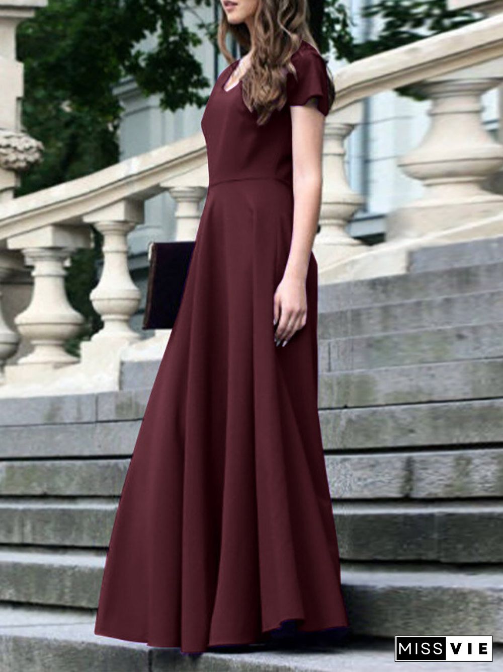 Women Solid Cap Sleeve V-neck Swing Maxi Dress